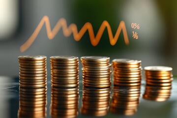 Stacked coins with fluctuating financial chart	