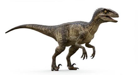 Fototapeta premium Velociraptor Dinosaur Isolated on White - A detailed 3D of a Velociraptor dinosaur, isolated against a white background. The dinosaur is shown in a dynamic pose, showcasing its features