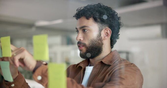 Businessman, thinking or brainstorming with sticky note for schedule planning on glass board at office. Male person, employee or thoughtful planner with problem solving for layout or project ideas