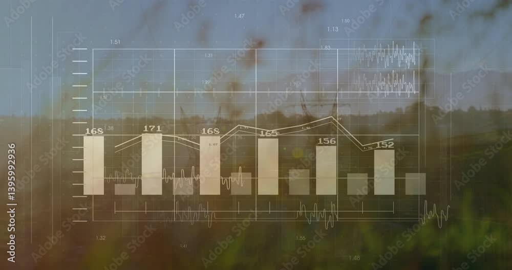 Poster animation of bar and line graphs overlaying natural landscape with numerical data