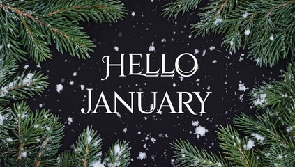 "Hello January" text surrounded by snow and green branches. Perfect for seasonal promotions, greeting cards and social media posts welcoming the New Year.