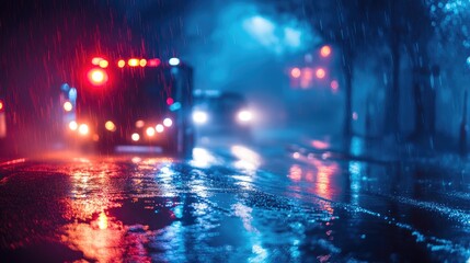 Emergency vehicle on a rainy night
