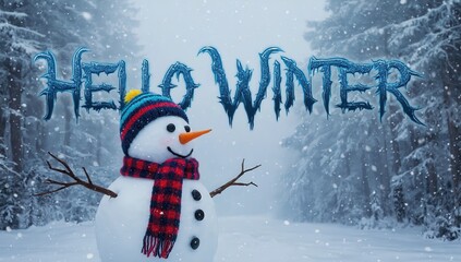 Hello winter inscription with the image of a snowman in a striped hat and scarf standing in the snow, with snowflakes falling in the background. Perfect for winter themes and holiday greetings. Banner
