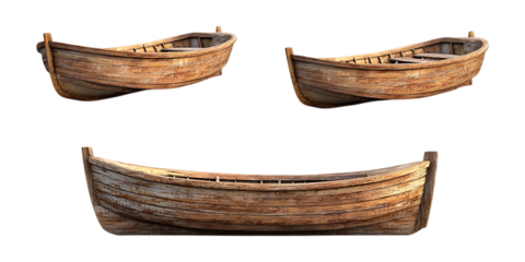 Pack Wooden Boat Set in Different Poses Against Transparent Background for Marine Illustrations, Nautical Branding, or Travel Promotions