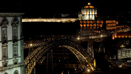 Night Dom Luis I Bridge At Porto In District Of Porto Portugal. City At Night Scene. Illuminated...