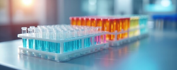 Modern lab with racks of test tubes containing colored liquids. Research, biotech, pharmaceutical, medical analysis. Development, innovation, science, chemistry concepts. Healthcare, analysis,