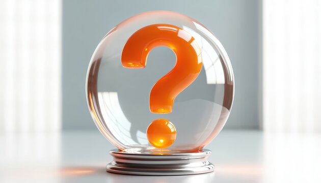 3D render of orange question mark model inside glass sphere. Symbol of inquiry, interrogation, asking questions. Idea, innovation, brainstorming, decision making process.