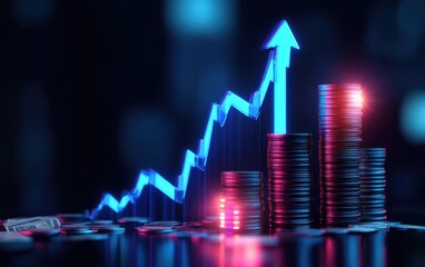 Financial graph with coins and glowing arrow	