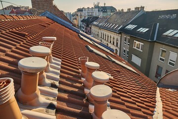 Tiled city building roofs with air vent pipes