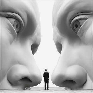 Man standing between giant abstract eyes	