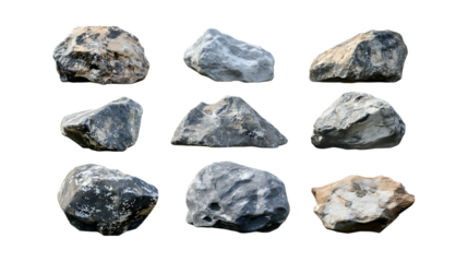 Pack Rock Set in Different Poses Against Transparent Background for Geological Illustration, Nature Graphics, or Construction Design