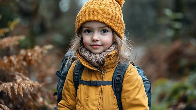 Girl with backpack in autumn forest, portrait, exploration, outdoor activity, possible use for children's adventure, nature tourism, or travel