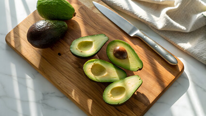 Avocados on board fresh avocado halves knife healthy eating food photography kitchen table avocado toast