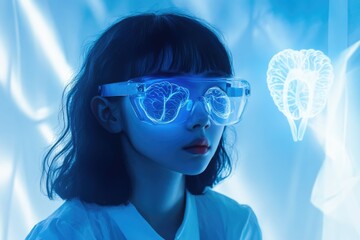 A young woman wearing futuristic glasses displays holographic brain scans, representing neural technology and cognitive advancements.