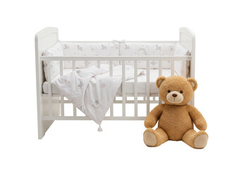 Isolated White Baby Crib with Stuffed Bear