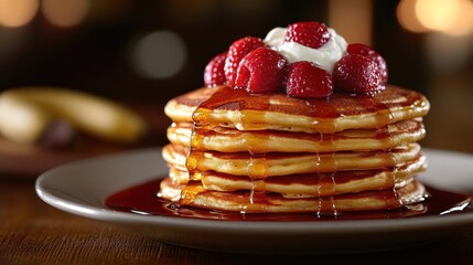 Delicious Stack of Pancakes Topped with Fresh Berries and Syrup Perfect for Breakfast or Brunc