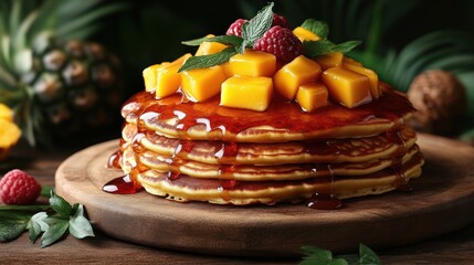 Delicious Stack of Pancakes Topped with Fresh Fruits and Syrup Perfect for Breakfast or Brunch