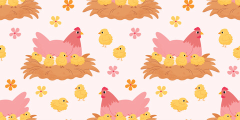 Vector seamless pattern with laying hens hatching eggs. Cute illustration with hand drawn textures. Hatched chicks in a nest. Pattern for design and decoration. Poultry farming.