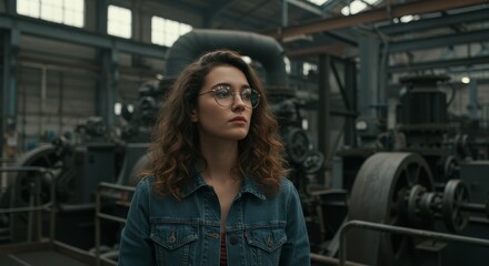 Fototapeta premium Woman in Denim Jacket Observing Industrial Machinery - A contemplative woman, wearing glasses and a denim jacket, stands amidst large industrial machinery, symbolizing curiosity, observation