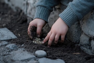 Child's hands planting seeds in dark soil, a moment of connection with nature.