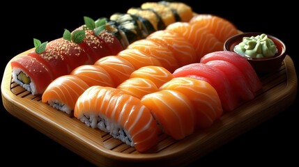 Delicious Sushi Platter with Fresh Salmon Tuna and Avocado Sauce on a Wooden Tray