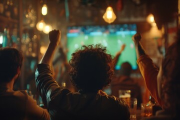 Fototapeta premium Men watching a match in a bar celebrate when a goal is scored