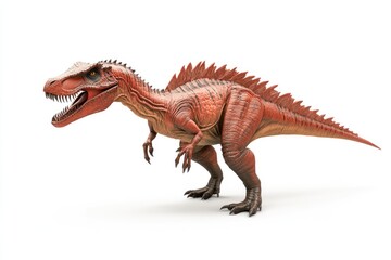 Fototapeta premium A realistic dinosaur model standing on a white background, showcasing its fierce expression and detailed texture