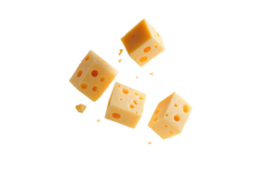 Cheese cubes with holes levitating in air on white background. PNG
