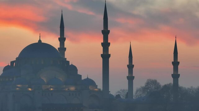 Suleymaniye Mosque (Suleymaniye Camii) in the Sunset Time Drone Video, Suleymaniye Fatih, Istanbul Turkiye (Turkey)