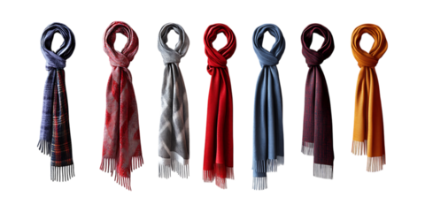 Pack Realistic Winter Scarf in One Line Against Transparent Background for Fashion Branding, Clothing Design, or Cold Weather Promotions