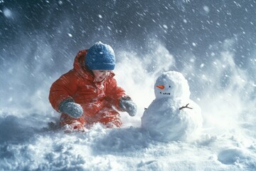 A child in red winter clothes joyfully plays with a snowman during a blizzard.