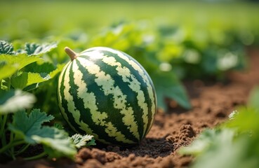 Closeup shot ripe watermelon in field on sunny day. Striped fruit growing in garden. Fresh organic food. Summer harvest season. Sweet juicy melon with vitamins for healthy eating, diet, lifestyle.