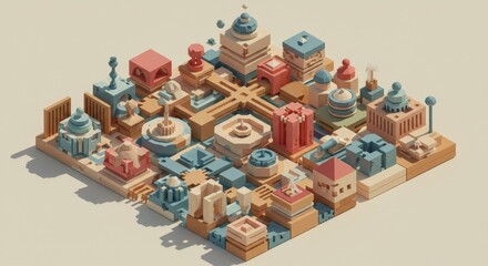 Abstract Cityscape Block Design - Isometric view of a miniature city composed of various pastel-colored blocks, creating a vibrant and detailed urban landscape