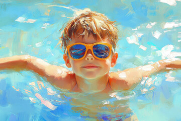 Naklejka premium A boy joyfully splashing in a shimmering lake, surrounded by lush green trees under a clear blue sky.