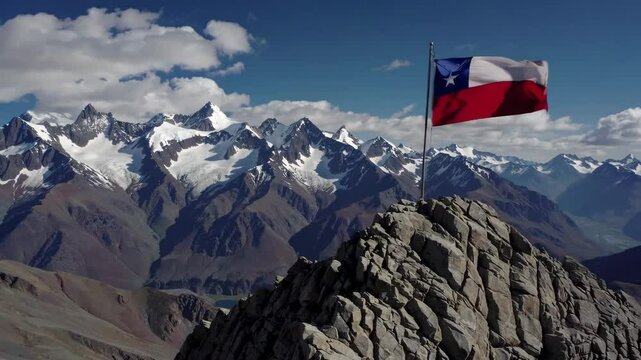 Majestic chilean flag fluttering atop rugged mountain peaks under clear blue sky