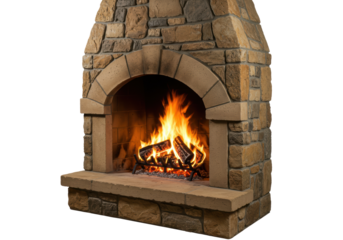 Isolated Stone and Brick Fireplace with Burning Firewood