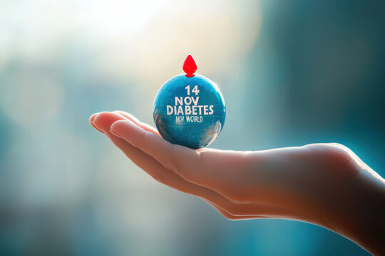 A person holding a blue ball with a red flame on top in their hand with a blurred background outdoors