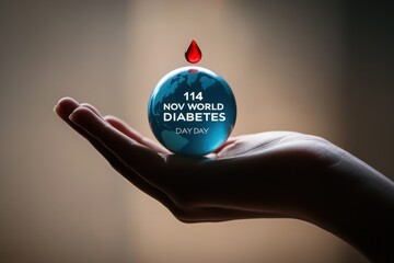 Hand holding a globe with diabetes awareness message and a blood drop against a blurred background