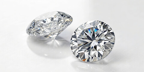 Two dazzling diamonds rest on a smooth, reflective surface. Their cut enhances the light, showcasing a spectrum of colors and intricate details under soft lighting