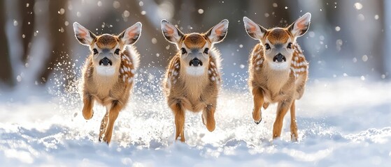 Obraz premium Three fawns run through snowy woods, sunlight sparkles around them