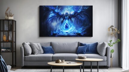 Fantasy art print, blue dragon, living room, modern decor