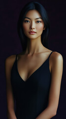 Elegant Woman Portrait: A captivating portrait of a young woman with dark hair and captivating eyes, dressed in a simple black top against a dark background. The image evokes a sense of beauty, grace.