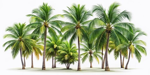 Lush Tropical Palm Trees Isolated:  A Collection of Coconut & Palm Trees, Green Foliage, Botanical Illustration for Summer Vacation & Beach Paradise Designs.