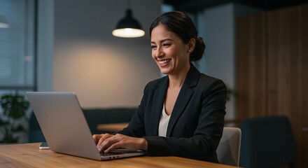 Confident Businesswoman Working Late on Laptop, Smiling and Focused on Project