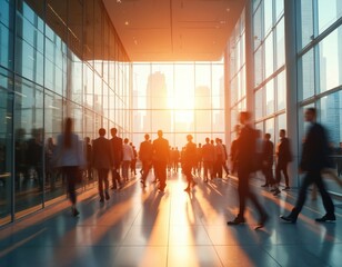 Office building interior with blurred crowd. Business people rush along sunlit hall in peach light. Long exposure creates dynamic movement. Modern architecture shows concept work, people, urban city