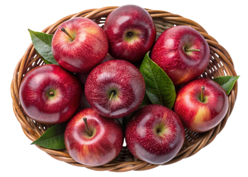 A wicker basket filled with seven ripe red apples and green leaves