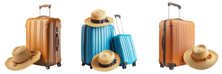 Set of   Top view of a blue suitcase packed with summer vacation essentials, including clothes antique fractured amphore on transparent png background. Ai generated
