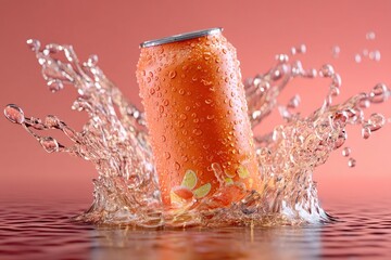 Lata de bebida energética blanca rodeada de agua salpicada en un fondo suave