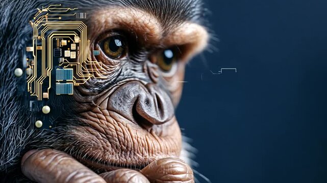 A contemplative monkey with a circuit board design on its head, symbolizing technology and nature