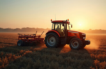 Fototapeta premium Red tractor works on agriculture field during sunset. Agricultural machinery plows land. Farmer inside. Agriculture, farming, industry. Golden hour. Countryside landscape, dusk time. Machine,
